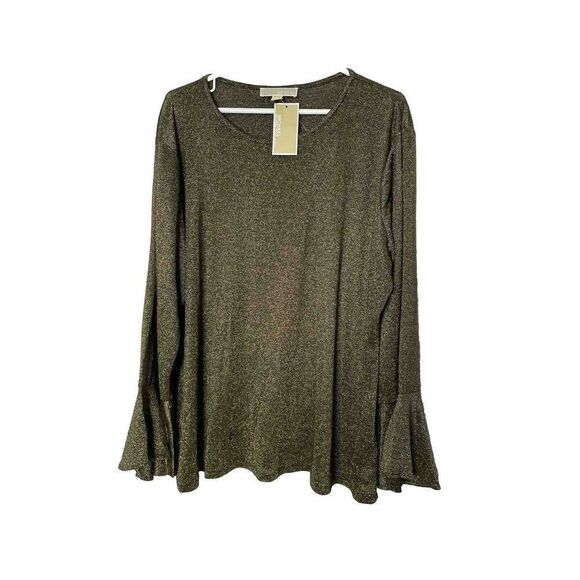 Michael Kors plus Size 3X Gold Black Metallic Shirt Top Bell Sleeve Stretch $88 - Picture 1 of 6